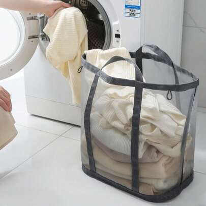 1个随机颜色超大网眼沙滩包，尼龙网布洗衣篮，可折叠壁挂式透气手提收纳包，适用于沙滩、泳池、健身房、宿舍、旅行——轻便耐用，多用途夏季必备，容量大，可折叠，结实手柄，易于清洁，透气网眼敞口手提包，多功能收纳包，适用于购物、洗衣、沙滩用品、旅行必需品；保持物品透气干燥，快干，轻便结实，易于擦拭清洁