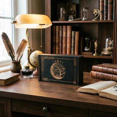 神秘木质塔罗牌收纳盒 - 便携式推拉设计，多功能纪念品收纳盒，适用于圣诞节、新年、生日礼物和派对装饰，饰有占星符号（生命之树、五芒星、月亮和星星）| HH-A 系列，神秘礼物，星空设计，精致雕刻