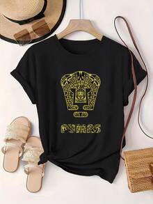Women's Oversized Crew Neck Graphic Cotton T Shirt Black White Options,  Golden  Mask Design With Pumas Text Casual Wear, Spring Short Sleeve Loose Fit Tops, Summer Fashion Basic Tees, Clothes Gift For Womens - 黑色 - 查看 1