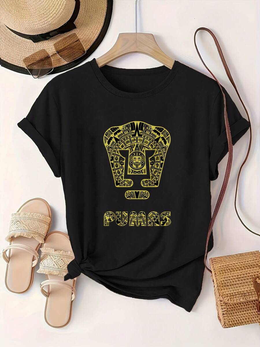 Women's Oversized Crew Neck Graphic Cotton T Shirt Black White Options, Golden Mask Design With Pumas Text Casual Wear, Spring Short Sleeve Loose Fit Tops, Summer Fashion Basic Tees, Clothes Gift For Womens - 黑色 - 查看 1