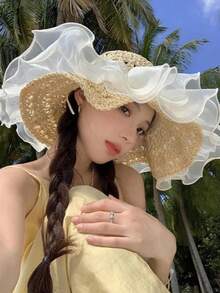 1pc New Summer Beach Vacation Style Sun Hat For Women, Lace Straw Hat, Sun Protection, Breathable Bucket Hat - Multicolor - View 2