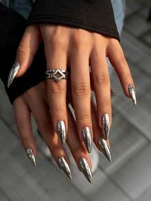 VV MEI JIA ER 用24片/套Y2K风格美甲片提升你的时尚感，朋克魔幻银色美甲片，金属按压式长杏仁金色美甲片，哥特风人造假指甲，附赠1片果冻胶和1片指甲锉，适合锐舞派对美甲用品。 - 銀色 - 查看 3