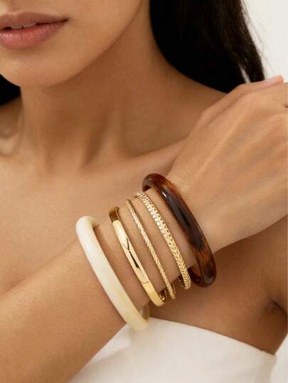 5pcs Elegant Retro Acrylic Round Metal Plain Bangle Bracelets, Fashionable Simple Design Suitable For Casual Wear And Parties, Women