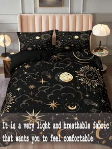 黑金日月图案床上用品套装，波西米亚风被套套装，金色月亮星星印花三件套，房间装饰，波西米亚风被套，柔软轻盈的超细纤维被套，男女通用，含2个枕套，不含被芯，礼品 - 彩色 - 查看 6