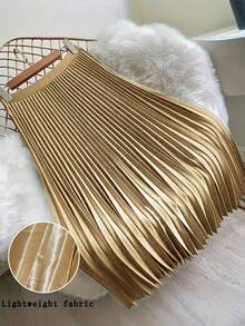 Elegant Women's Solid Color Satin Pleated Skirt, Versatile High Waist Flared A-Line Skirt, Graceful Ankle-Length Skirt Spring - Champagne - View 1