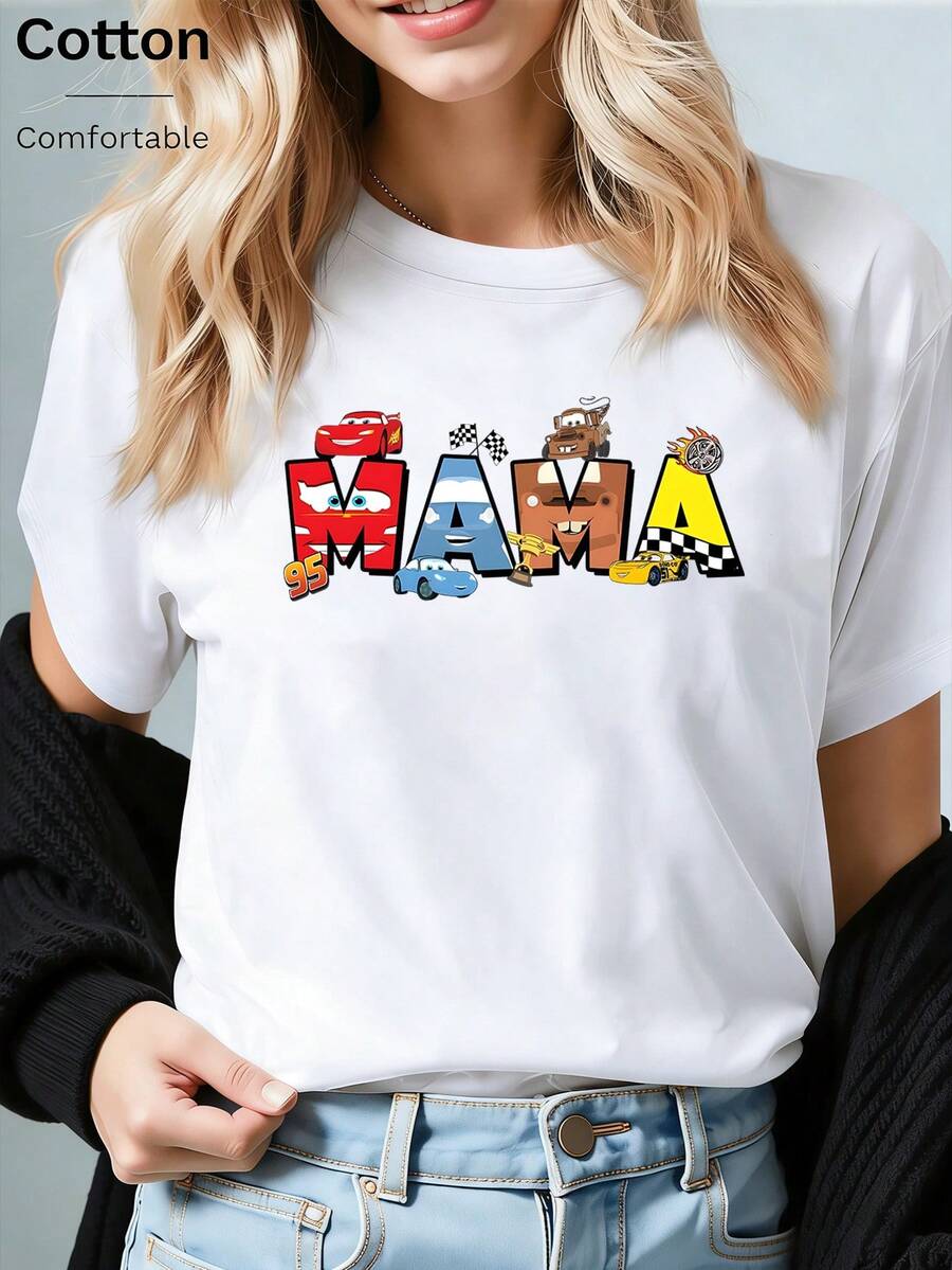 Disney Loose Edition "Cars" Themed "MAMA" Letter Creative Printed T-Shirt, Suitable For Summer And Spring, Short Sleeved Tops, Women's Clothing, Holiday Gift Party Clothing. - 白色 - 查看 1