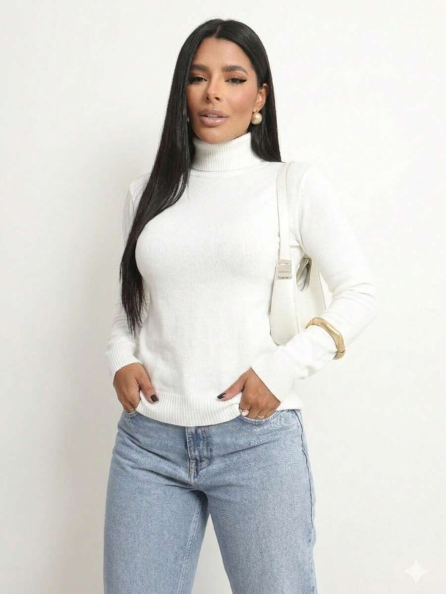 Closet Malhas Women's Turtleneck Sweater With High Neck Knit | Basic Winter Knit Sweater - trắng - Xem 1