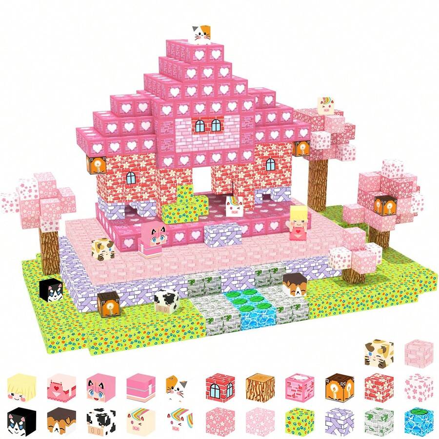Sweetheart Ranch Magnetic Blocks (80-280PCS) Ideal Festival Gift For 3+ Kids, Pink Cute Multi-Sizes Available, Sweet Toy For Ranch Scene Building & Animal Role-Play - Multicolor - View 1