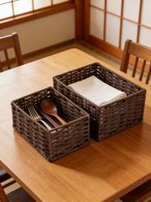 2pcs Rattan Desktop Storage Baskets, Available In Large & Small Sizes, Remote Control & Snack Organizer, Suitable For Living Room Coffee Table/Bedroom Nightstand, Ideal For Rental/Dorm Desk Organization - Black - View 4