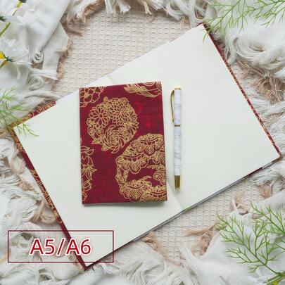 A5/A6 Red Gold Floral Fabric Book Cover, Japanese Kimono Style Journal Sleeve, Protective Notebook Cover For Travel & Daily Use