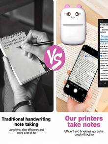 1 Printer + 13 Rolls Of Paper Set, Mini Pocket Photo Printer, Portable Inkless Thermal Printer, 57mm: With Adhesive Paper, Wireless Bluetooth Printing 200dpi, Pink - Pink - View 12