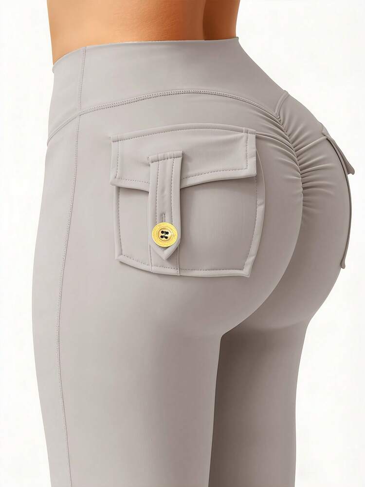 Leggings acampanados con bolsillos para mujer, leggings deportivos ajustados que levantan el trasero, pantalones de yoga y fitness, pantalones de chándal para mujer, color gris nublado, primavera - Gris Claro - Añade 6