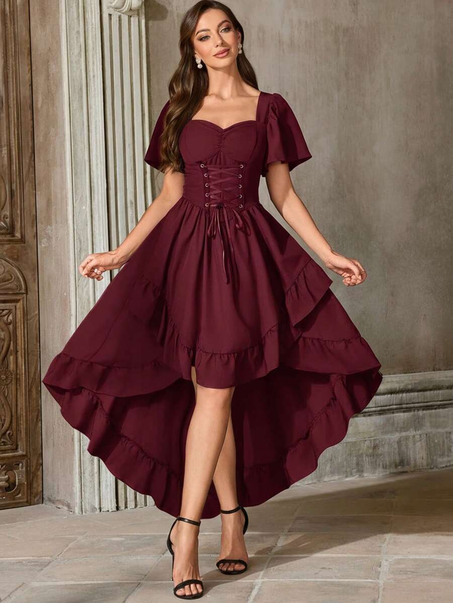 法式复古洛可可风格女式连衣裙，收腰显瘦荷叶边鱼尾裙摆长裙，适合日常穿着/出席活动 - 酒紅色 - 查看 1