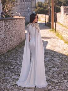 Faeriesty Abaya Elegant Mermaid Evening Gown - Sheer Chiffon Long Sleeves, Embellished With Golden Beads And Sequins, Fitted Bodice With Flared Skirt - Perfect For Weddings, Galas, Awards Ceremonies And Red Carpet Events - White - View 10