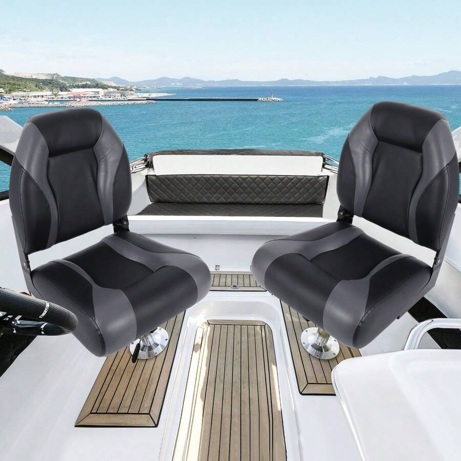 Asientos plegables de barco con respaldo alto, cojín de esponja gruesa, sillas de pesca con bisagras y tornillos de acero inoxidable, para lanchas rápidas, pontones - Empalme negro y gris - Ver 1