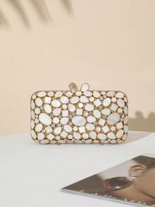 2026春夏闪耀奢华天然贝壳晚宴手拿包，优雅女士贝壳水晶派对手提包，新娘婚礼派对手拿包，时尚女士钱包，口红香水手提包，奢华闪亮水晶装饰派对手拿包，全手工金属钻石手提包，适合贵妇出席婚礼、派对、盛会、聚会和宴会（可容纳6.5英寸手机） - 白色 - 查看 5