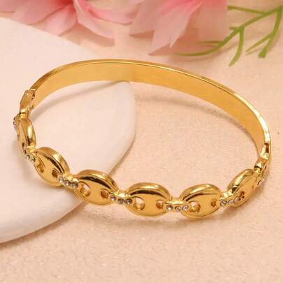 1pc Luxury Stainless Steel Hollow Coffee Bean Micro-Inlaid Diamond Bangle, Suitable For Women's Daily Commute Wear