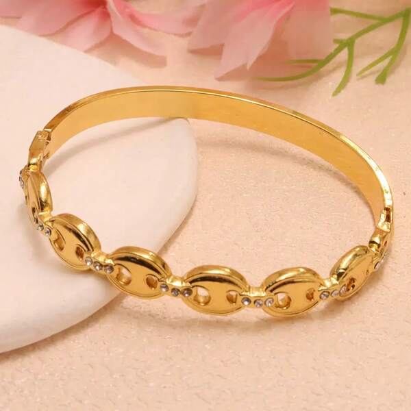 1pc Luxury Stainless Steel Hollow Coffee Bean Micro-Inlaid Diamond Bangle, Suitable For Women's Daily Commute Wear