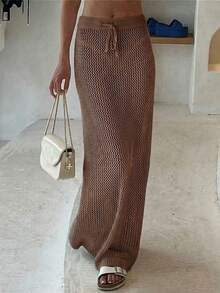 Falda de punto transparente casual de mujer con detalle de cordón y tela elástica - Café integral - Ver 1