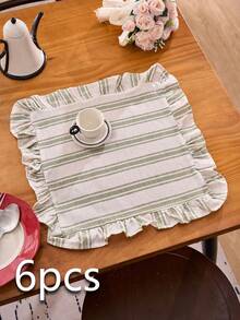 1/2/4/6pcs Square Placemat With Ruffle Edge, Fresh Minimalist Style, Kitchen Decor, Dining Table Mat, Waterproof Non-Slip Pad For Holiday Party, Birthday, Wedding, Office Desk, Coffee Table, Home Decor, All Seasons - Olive Green - View 16