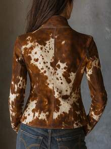 Chaqueta blazer mujer 2026, estampado cuello, manga larga, botón simple, moda europea y americana, personalizada - marrón café - Ver 5