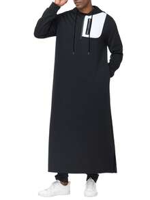 Muslim Men's Hooded Sweatshirt With Zipper Chest, Side Pockets, And Contrast Hem Split Design, Modern Islamic Men's Clothing Kamis Robe - Black - View 4