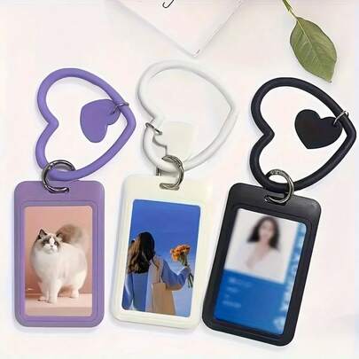 2pcs/Set (1 Card Holder + 1 Heart-Shaped Pendant Transparent Key Chain Wallet, Suitable For Bus Card, Meal Voucher, Campus Card And Work ID - Waterproof ), Fashion Accessory, High-Quality Plastic, Key Chain Accessory, Suitable For Office Workers