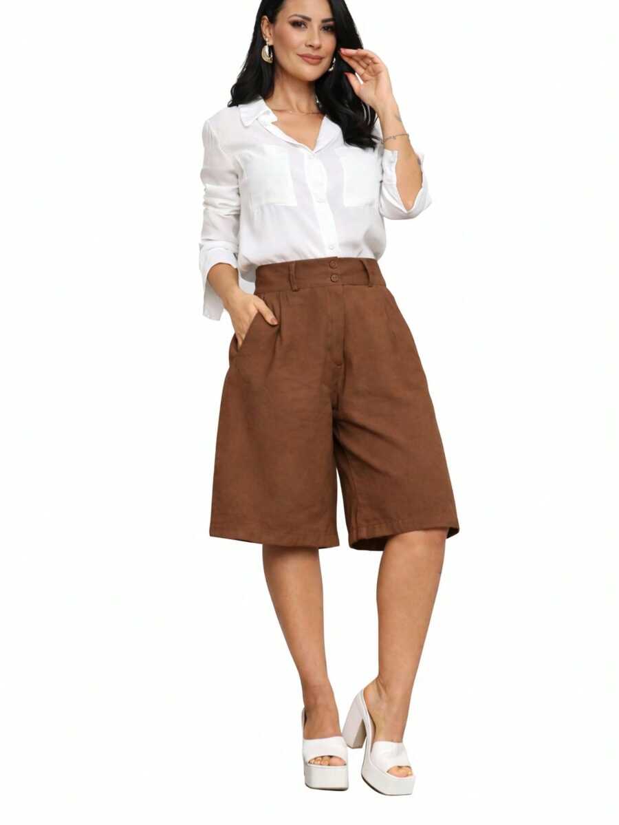 Women's Tailored Bermuda Shorts, Flare Style, Loose-Fitting, Formal Wear, Casual Workwear, Top Finish - Rỉ Nâu - Xem 1