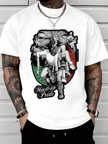 Guerrero ancestral sostiene con fuerza el cuerpo de una mujer como símbolo de unión y orgullo nacional rodeados por los colores de México que evocan historia valentía y respeto a las raíces culturales camiseta de hombre Mexican Pride moderna y llamativa - Blanco - Ver 1