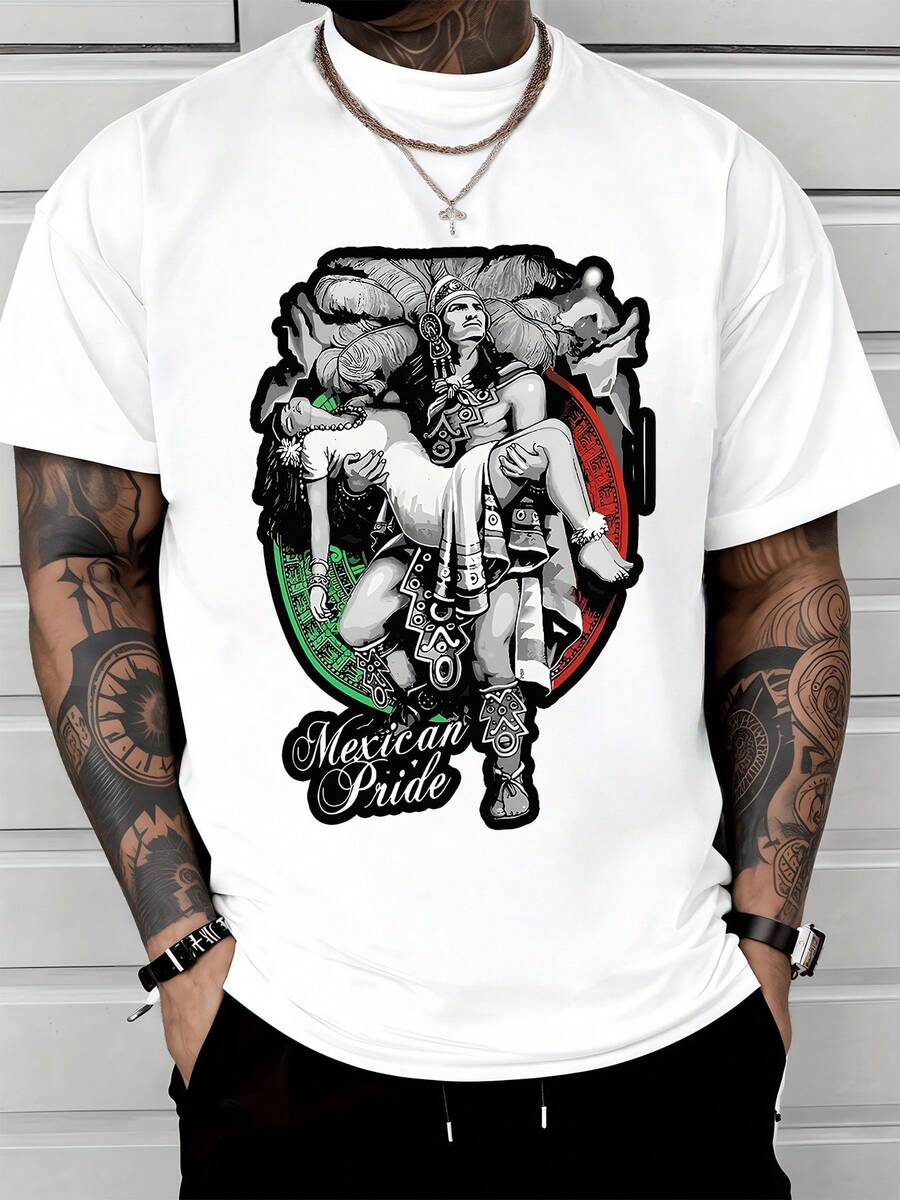 Guerrero ancestral sostiene con fuerza el cuerpo de una mujer como símbolo de unión y orgullo nacional rodeados por los colores de México que evocan historia valentía y respeto a las raíces culturales camiseta de hombre Mexican Pride moderna y llamativa - Blanco - Ver 1