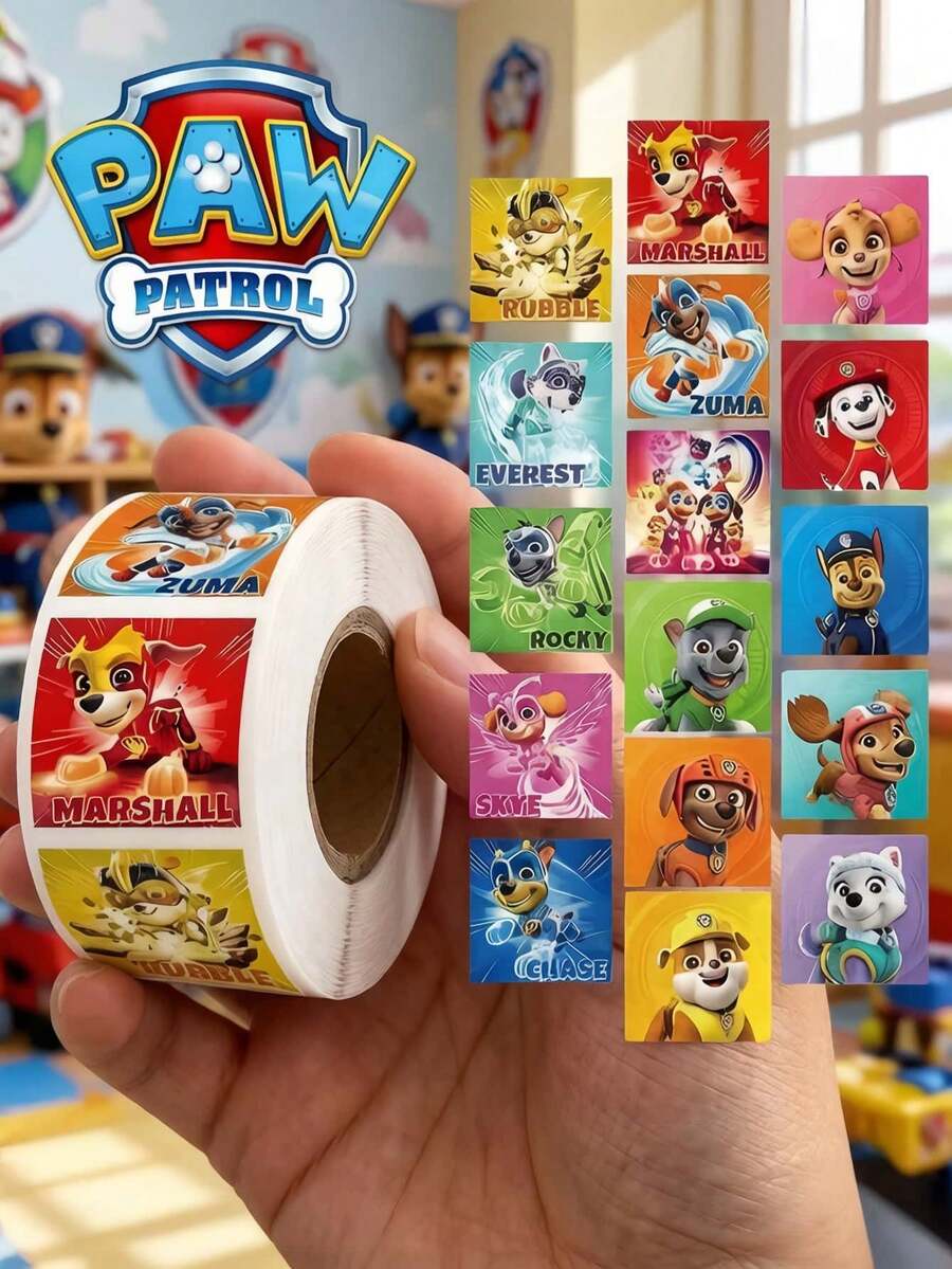 300pcs/Roll Paw Patrol Sticker Roll, Featuring Rubble, Chase, Rocky, Zuma, Skye, Everest, Tracker, Tuck, Ella, Rex, WildCat, Liberty Characters, Cute Cartoon DIY Decorative Stickers Suitable For Phone Cases, Laptops, Notebooks, Guitars, Cups, Stationery, Waterproof Stickers - Random - View 1