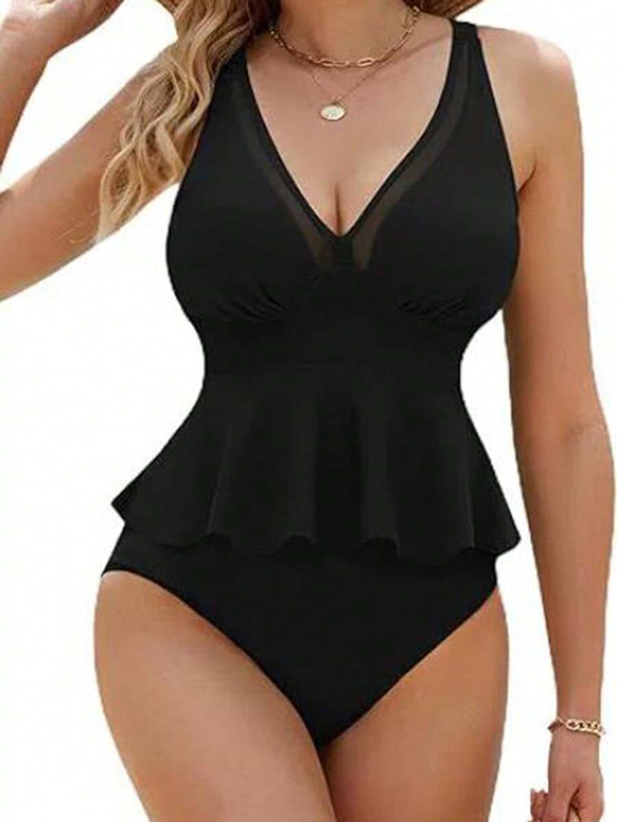 Women's Tankini Swimsuits Ruffled Hem V Neck Sleeveless Tops With Thongs 2 Pcs Set Bathing Suit - Black - View 1