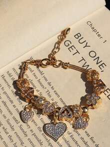 Heart & Flower Charm Bracelet Classic Heart Bracelet Heart Tree Of Life Bracelet Fashionable Golden Heart Bracelet Women - 粉色 - 查看 4