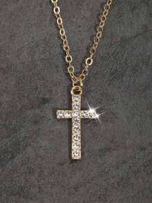 Vintage Gothic Style Rhinestone Cross Necklace, Unisex - Yellow Gold - View 1