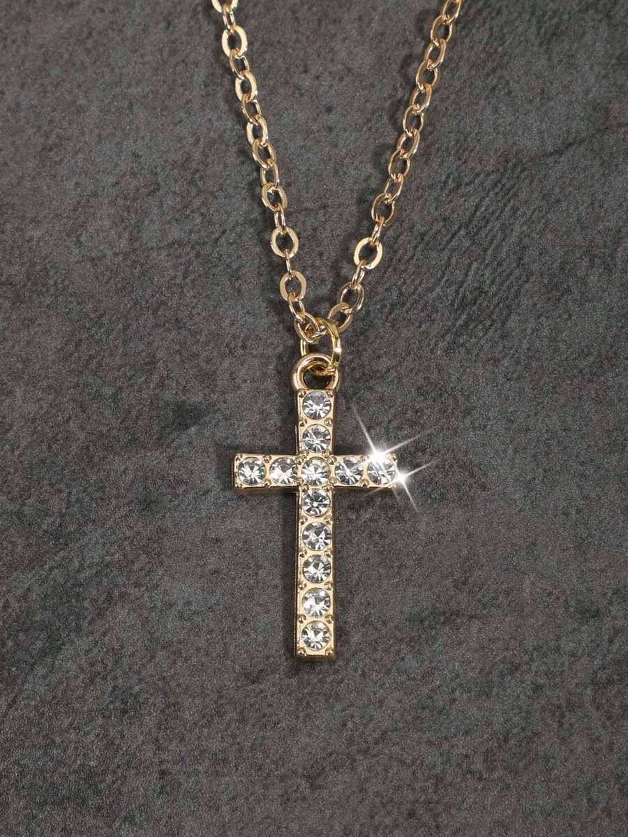 Vintage Gothic Style Rhinestone Cross Necklace, Unisex - Yellow Gold - View 1