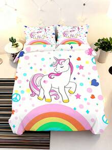 Bộ ga trải giường 2/3 món bằng sợi microfiber mềm mại hình kỳ lân và cầu vồng - Bộ ga trải giường và vỏ gối họa tiết động vật hoạt hình dễ thương, phù hợp trang trí phòng ngủ bé gái và ký túc xá, kích thước 135x200cm. - Nhiều màu - Xem 4