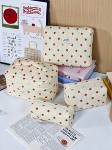 4pcs Strawberry Quilted Cosmetic Bag Set, Large Capacity Makeup Organizer, Cute Travel Toiletry Storage Bags,Valentine's Day Mother's Day Back To School - Multicolor - View 9
