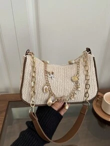 Fashionable Shell Pearl Straw Underarm Bag, Casual Versatile Commuter Bag, Unique High-End Shoulder Bag - White - View 7