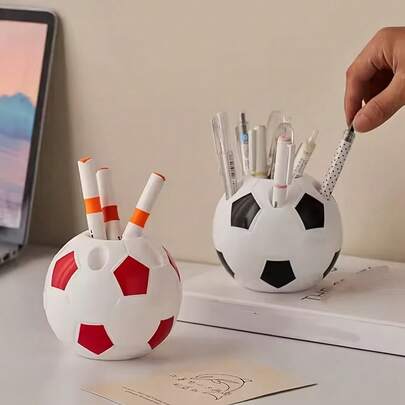 1pc Football-Shaped Pen Holder - Soccer Desk With Pen & Pencil Storage For Office,-Themed Decor - Plastic Football Container Compatible For Pens, Markers, Highlighters