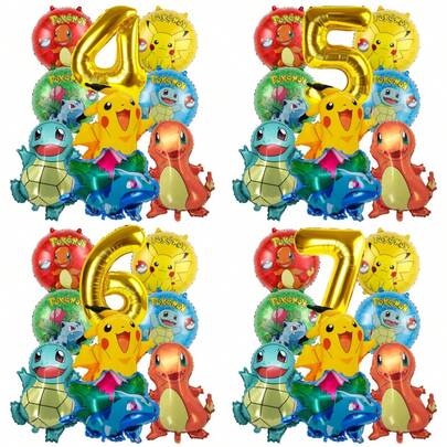 pokemon Set de 9 globos de lámina con diseños de personajes de dibujos animados y globos de números de 32 pulgadas, decoraciones inflables duraderas, adecuadas para celebraciones de cumpleaños, baby shower y eventos temáticos, suministros y regalos ideales para reuniones festivas