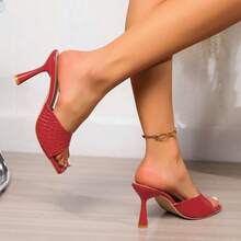 Sandalias de tacón de aguja de punta cuadrada con estampado de cocodrilo para mujer, sandalias de tacón alto de punta abierta - Rojo - Ver 3
