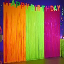 2 Pack Glow In The Dark Tinsel Foil Fringe Curtains, UV Blacklight Reactive Neon Macaron Backdrop, 3.3x6.6ft Fluorescent Matte Streamers For Glow Party Decor, Birthday, Disco, Rave (Fluorescent Yellow/Fluorescent Fuchsia/Fluorescent Orange) - View 3