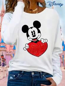 Disney - A Women's Long-Sleeved T-Shirt, IP Licensed, Mickey Mouse Image Print Long-Sleeved T-Shirt, Round Neck, Slightly Stretchy, Non-Transparent, Easy-Care Material, Suitable For Everyday Wear.Made From Soft, Comfortable, And Durable Pure Cotton, This Is An Ideal Choice For Spring And Summer. This Crew Neck T-Shirt Is Suitable For Various Occasions, Including Everyday Wear, Shopping, Parties, Travel, And Gatherings, And Also Makes A Thoughtful Gift. - White - View 1