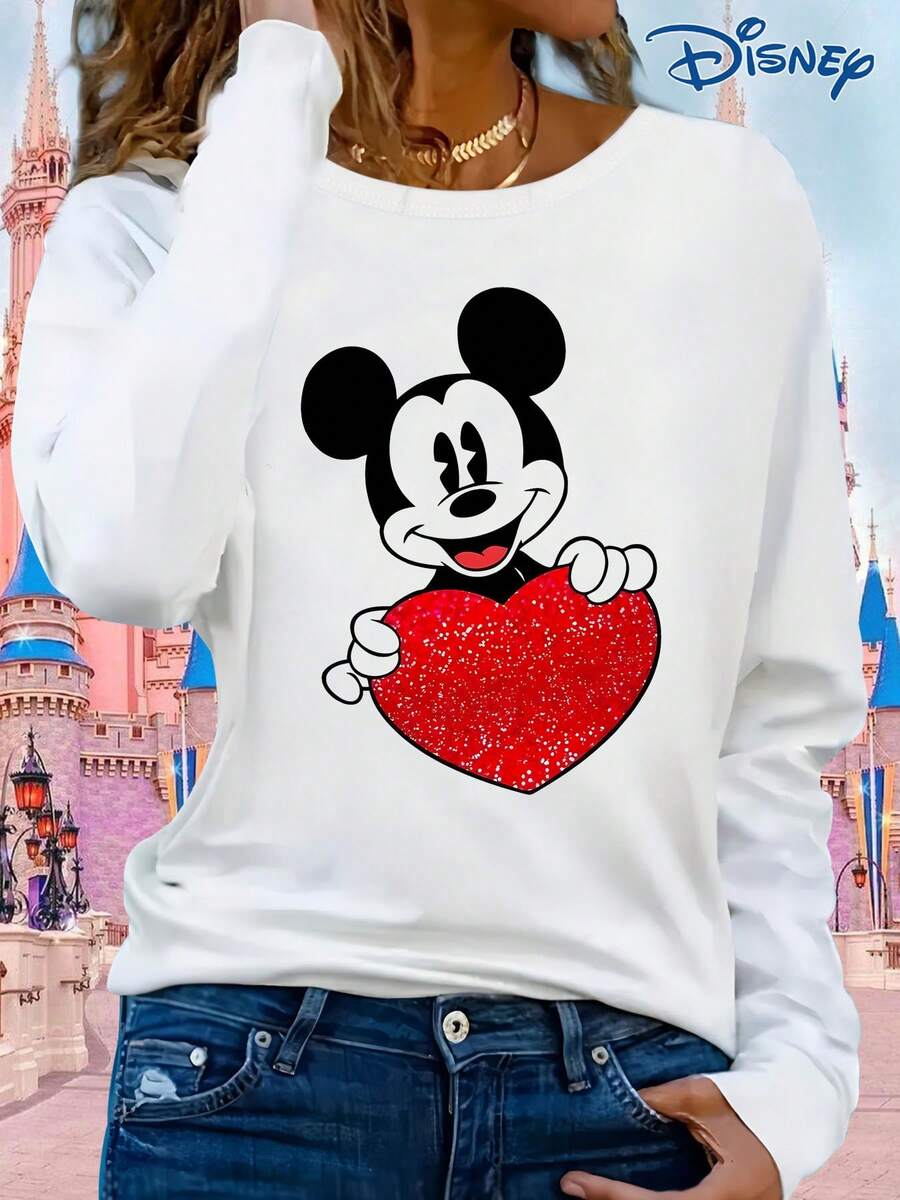 Disney - A Women's Long-Sleeved T-Shirt, IP Licensed, Mickey Mouse Image Print Long-Sleeved T-Shirt, Round Neck, Slightly Stretchy, Non-Transparent, Easy-Care Material, Suitable For Everyday Wear.Made From Soft, Comfortable, And Durable Pure Cotton, This Is An Ideal Choice For Spring And Summer. This Crew Neck T-Shirt Is Suitable For Various Occasions, Including Everyday Wear, Shopping, Parties, Travel, And Gatherings, And Also Makes A Thoughtful Gift. - White - View 1