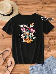 Disney Women Black Casual Cotton Short Sleeve Regular Length Round Neck T-Shirt With Mickey Mouse And Friends Print - màu đen - Xem 3