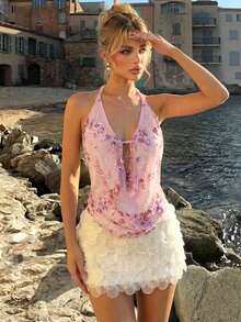 Women's Elegant Pink Sequin Floral Halter Neck Spaghetti Strap Top, Chic Sexy Vacation Top - Pink - View 4