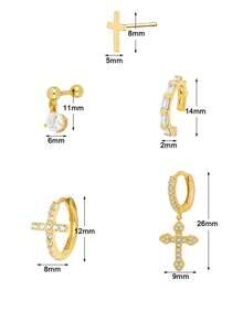 Bộ 5 bông tai hình thánh giá mạ vàng 24K đính đá Cubic Zirconia may mắn dành cho nữ, kiểu dáng khuyên tai tròn đính đá Zirconia, kiểu dáng bông tai đính đá hoặc kiểu xếp lớp. - 5 cái/bộ - Xem 7