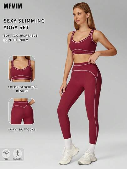  MFVIM 女士运动文胸和紧身裤套装，两件套休闲运动服，紧身裤具有收腹提臀功能，透气舒适，适合日常休闲、户外活动、跑步、骑行、瑜伽、普拉提、健身房锻炼。