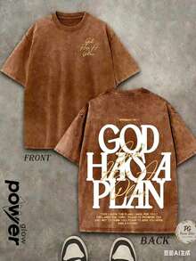 Jesus Graphic Print T-Shirt 'God Has A Plan', Double-Sided Print, Washed T-Shirt, Party Favors, Y2K Graphic Tees For Men, Vintage Washed Style T-Shirts - 咖啡棕 - 查看 4