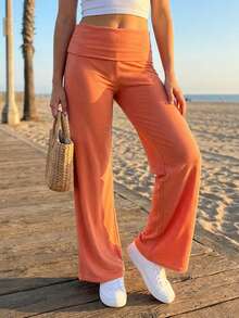 Women Low Waisted Fold Over Pants Flared Y2K Fold Over Sweatpants Solid Color Yoga Lounge Pants Strechy Casual Wide Leg Leggings Trousers - 橘色 - 查看 4